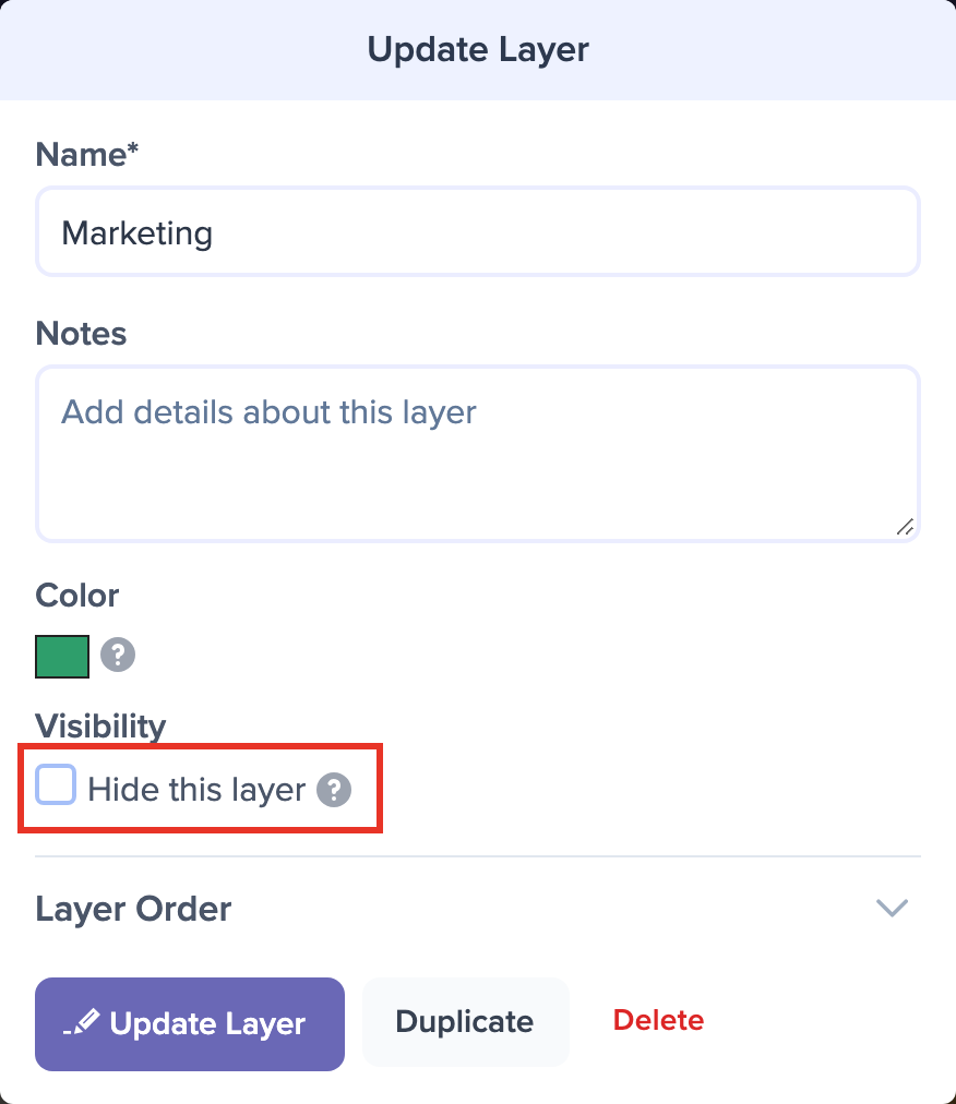 The Update Layer dialog with the Hide this layer checkbox under Visibility outlined in red