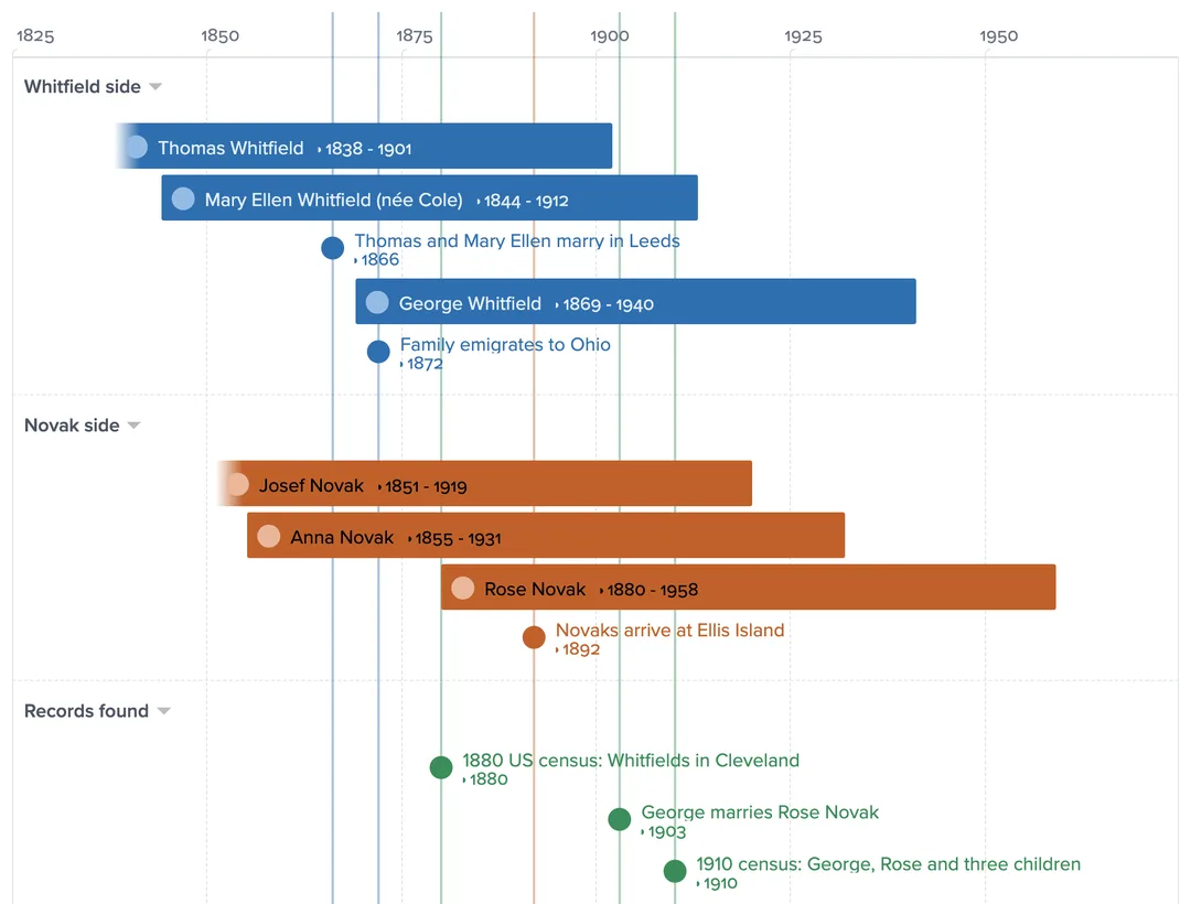 A family history timeline with three layers: the Whitfield side and the Novak side show each ancestor's lifespan as a colored bar, and a Records found layer marks the 1880 census, a 1903 marriage and the 1910 census
