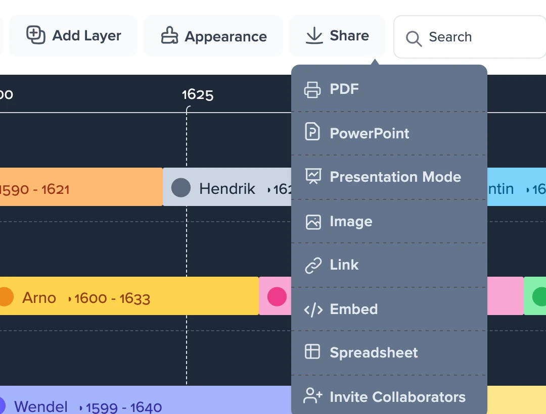 The Share menu open over a fictional history timeline of three tribes' war chiefs on a dark theme, offering PDF, PowerPoint, Presentation Mode, Image, Link, Embed, Spreadsheet and Invite Collaborators, with reign bars for Hendrik, Arno and Wendel and their year ranges behind it