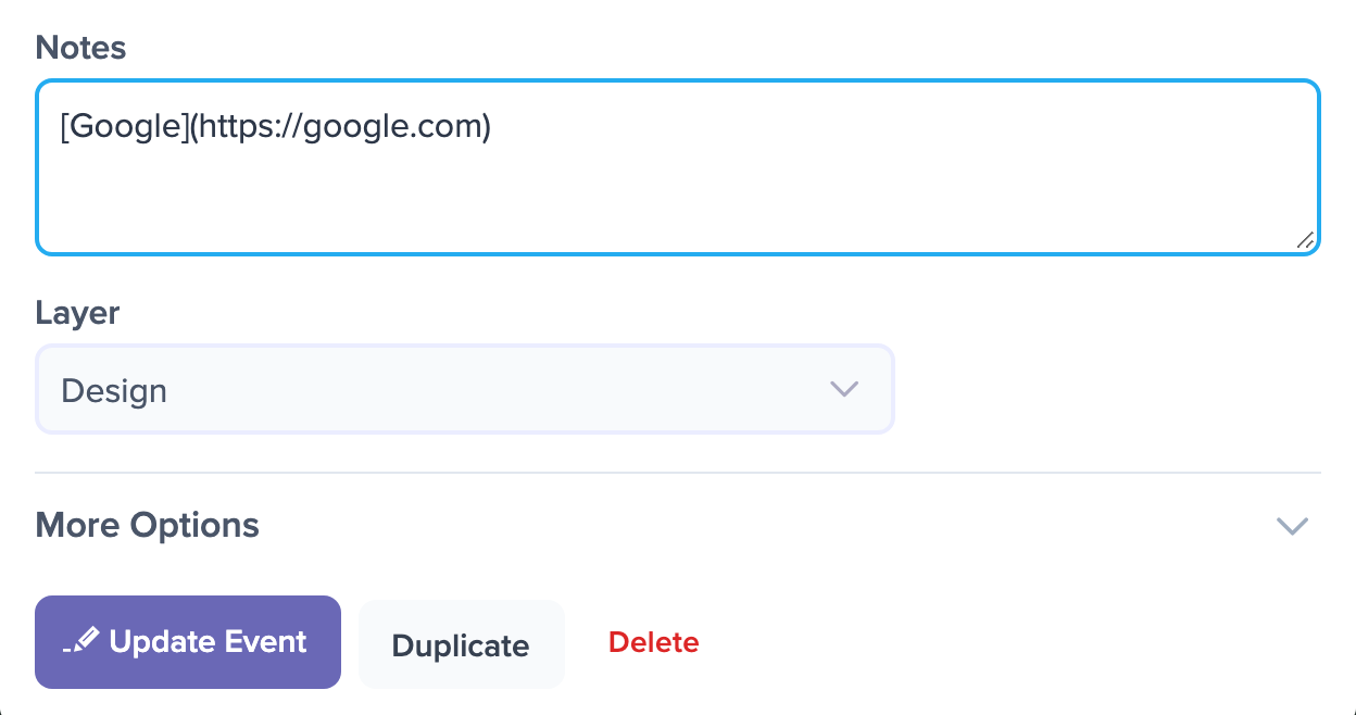An event's Notes field holding the Markdown syntax for a link named Google that points to https://google.com, above the Update Event button