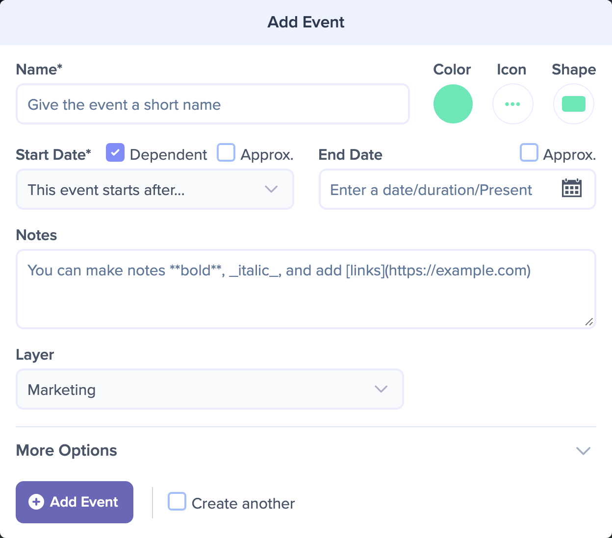 The Add Event dialog with the Dependent box checked beside Start Date, so that field has become a This event starts after menu for choosing the event this one starts after