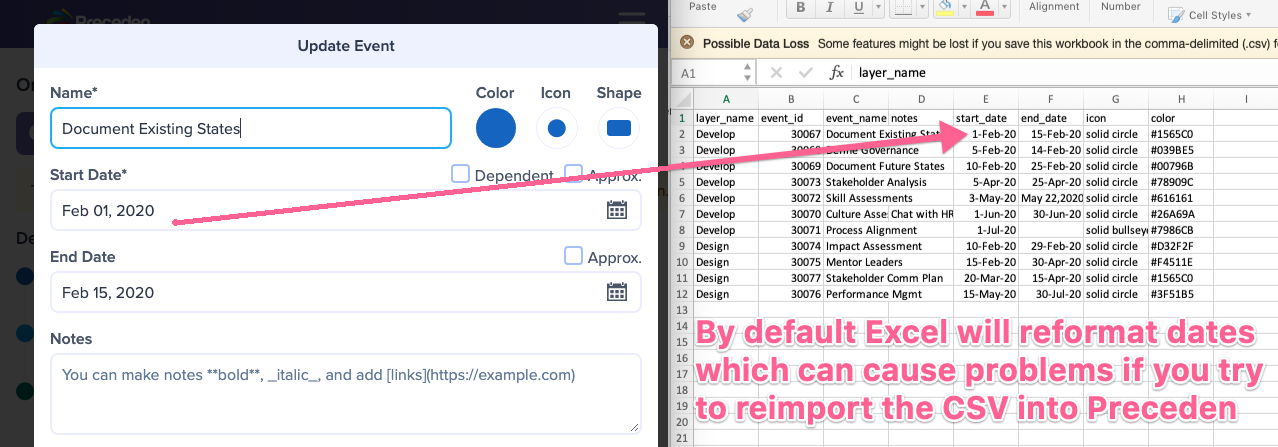 A CSV export opened in Excel where the start_date column reads 1-Feb-20, while the same event in Preceden reads Feb 01, 2020