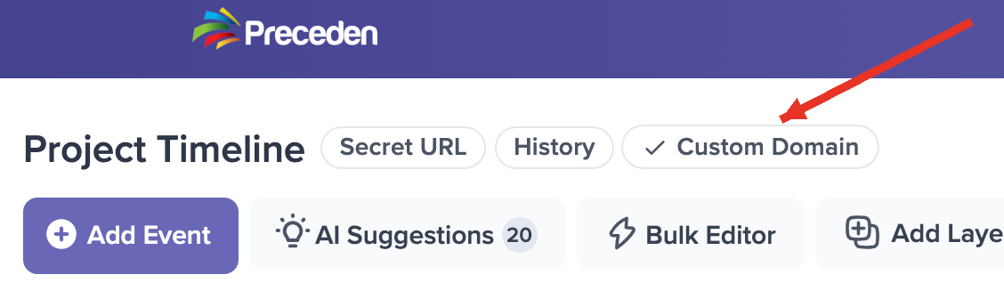 A red arrow pointing at the Custom Domain button, with its checkmark, beside the Secret URL and History buttons next to the name of a timeline called Project Timeline