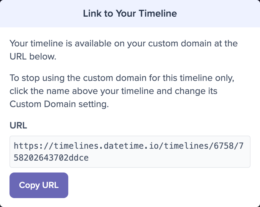 The Link to Your Timeline dialog, saying the timeline is available on your custom domain and showing the full timelines.datetime.io URL above a Copy URL button
