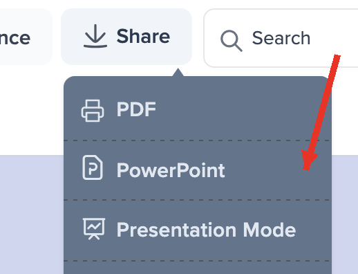 The Share dropdown above a timeline, opened to show PDF, PowerPoint and Presentation Mode, with an arrow pointing at the PowerPoint option