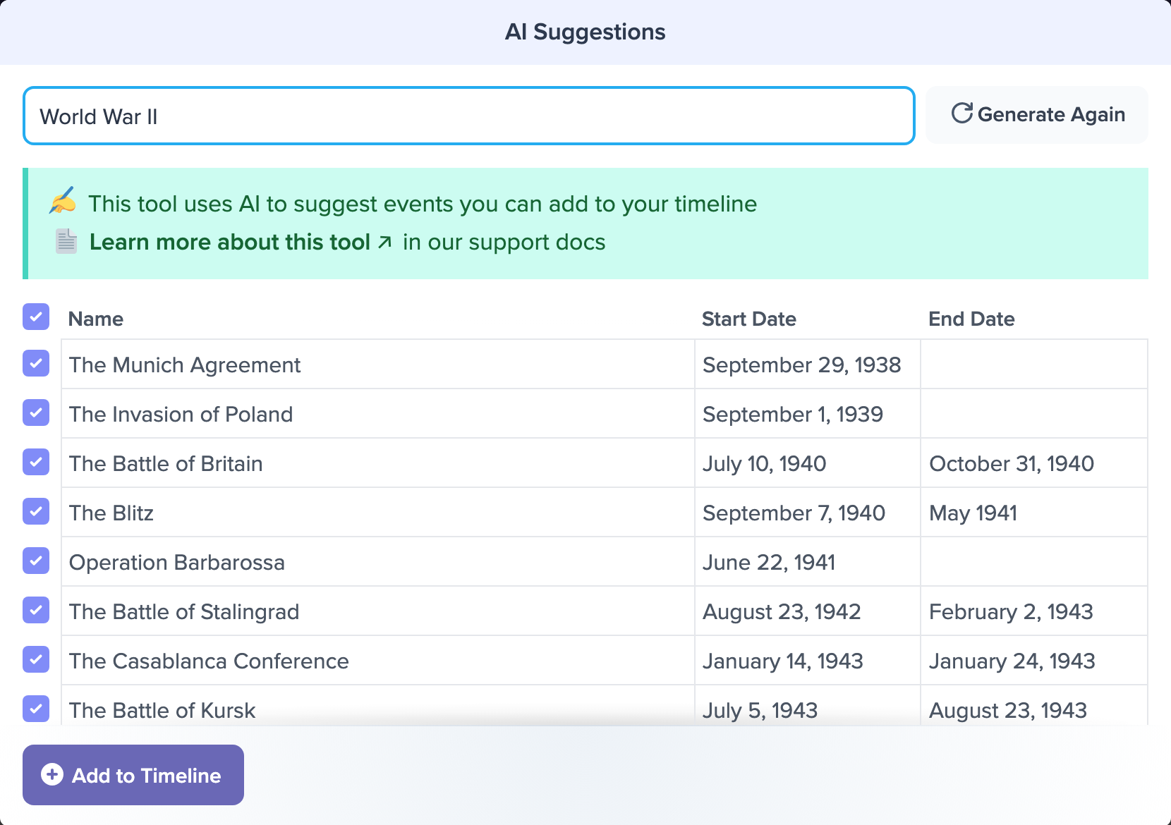 The AI Suggestions dialog with World War II as the topic and a checked list of suggested events and their dates, above an Add to Timeline button