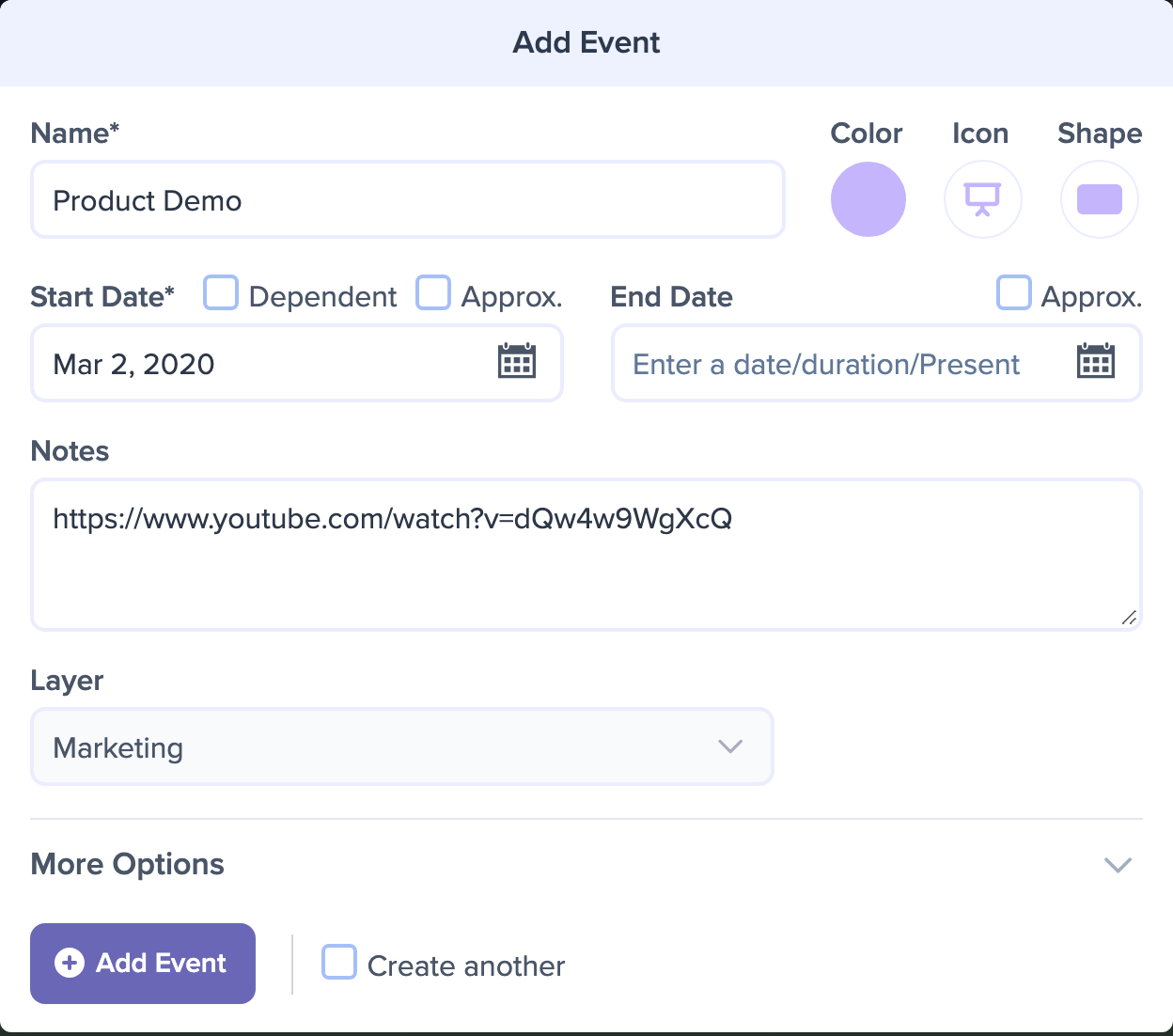 An Add Event dialog with a YouTube URL pasted into the Notes field