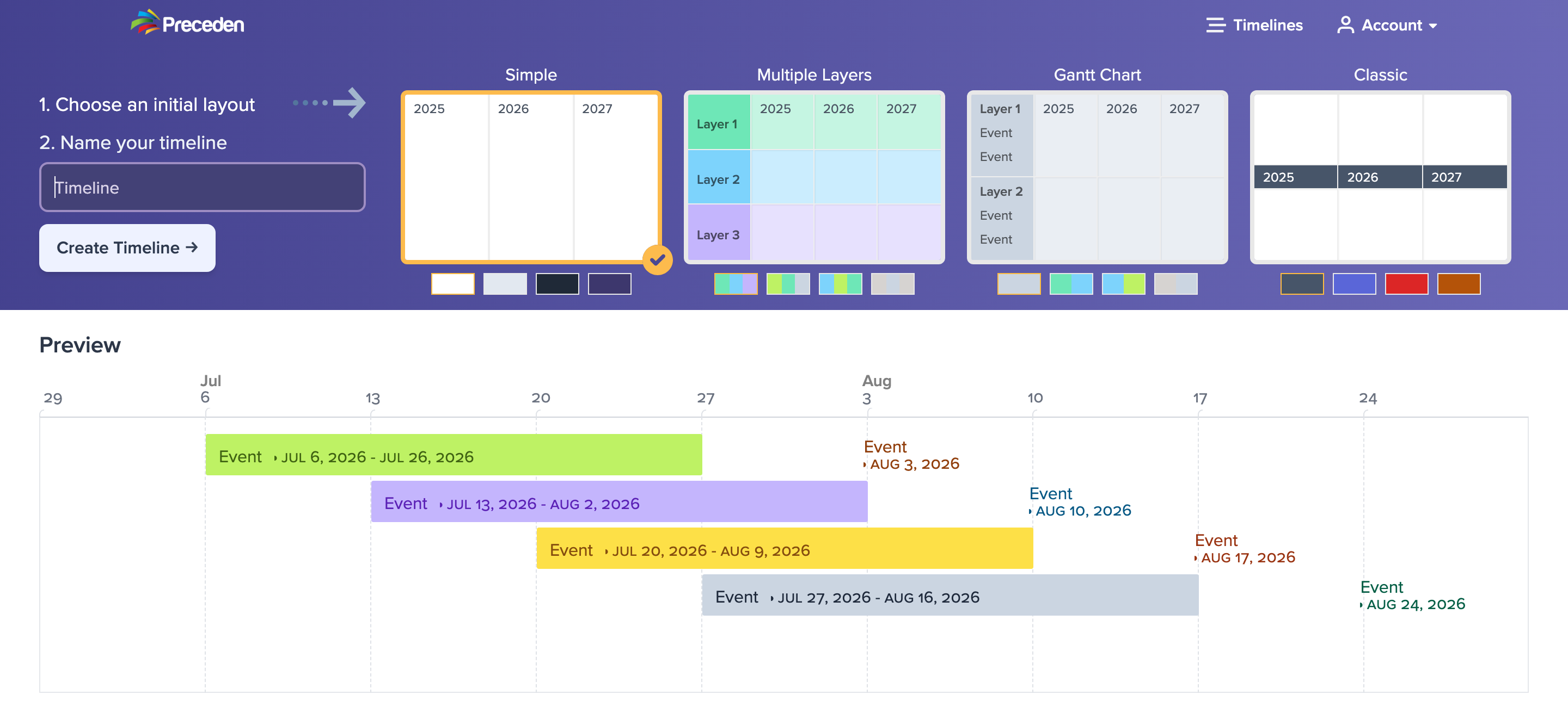 The create timeline screen, with the starting layouts and their color themes across the top, a field for naming the timeline, and a live preview of the selected layout below